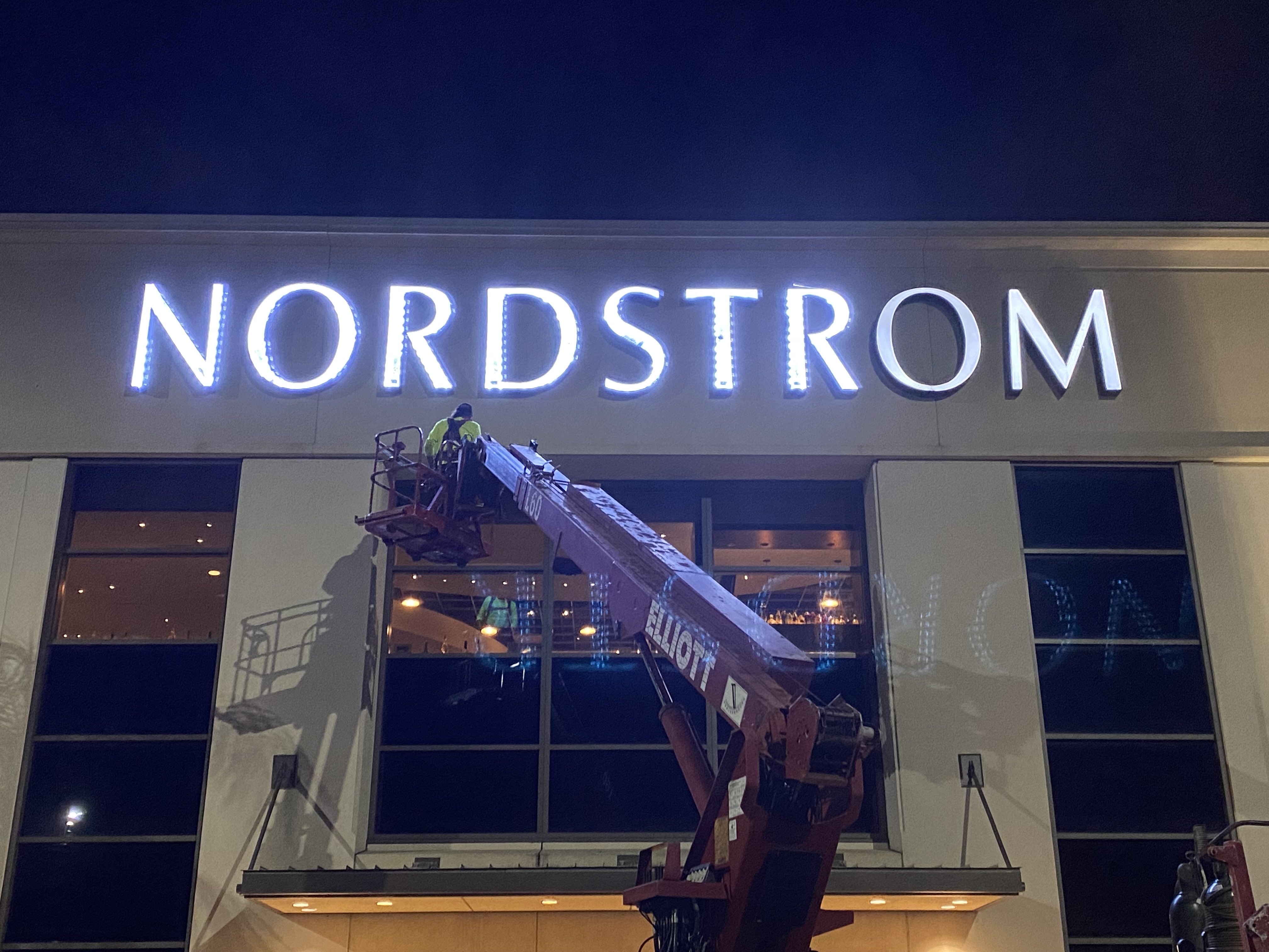 Nordstrom LED channel letter install at night