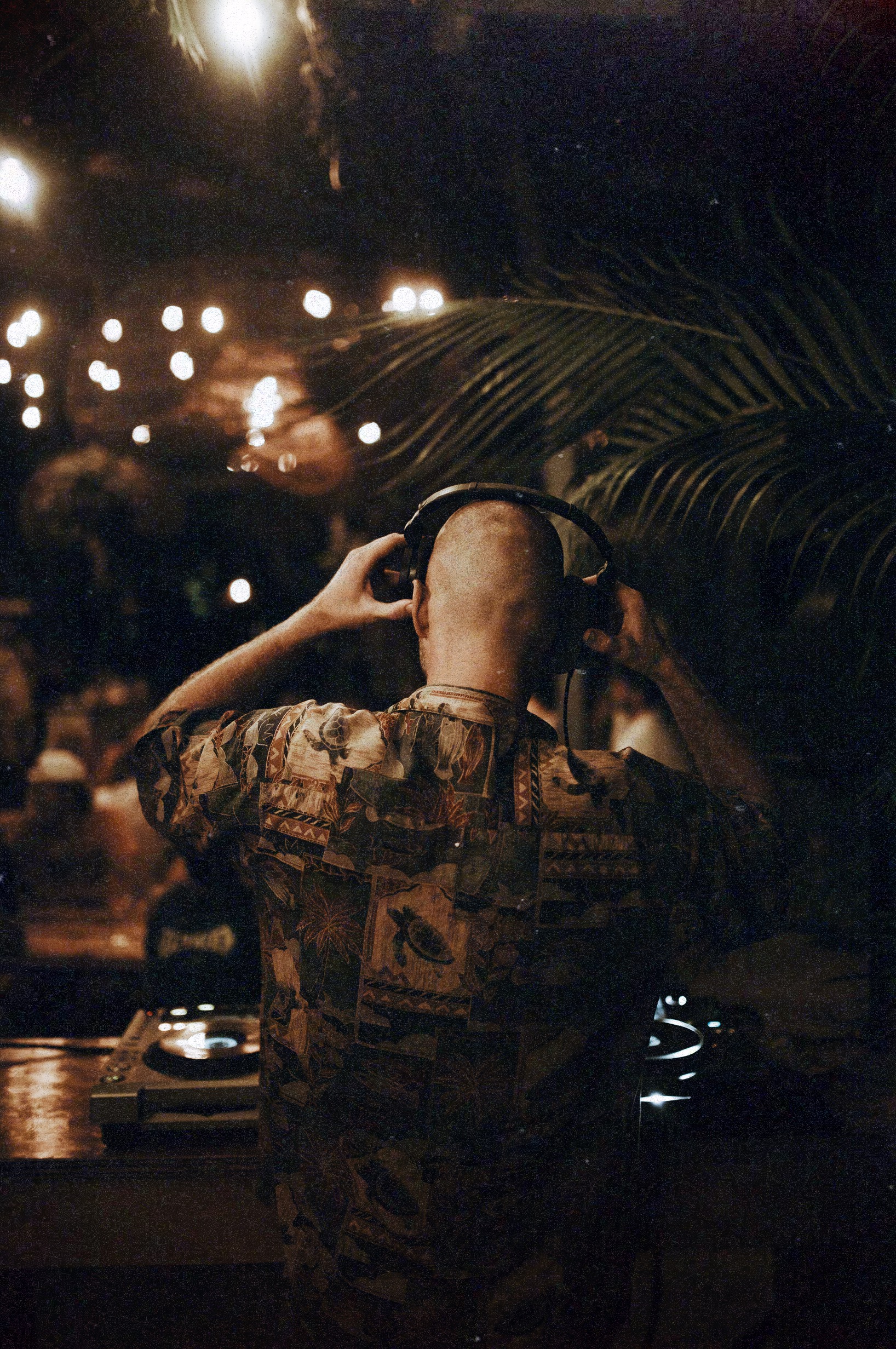 DJ wearing a patterned shirt and headphones, seen from behind, playing music on turntables in a dimly lit setting with warm string lights and palm leaves.