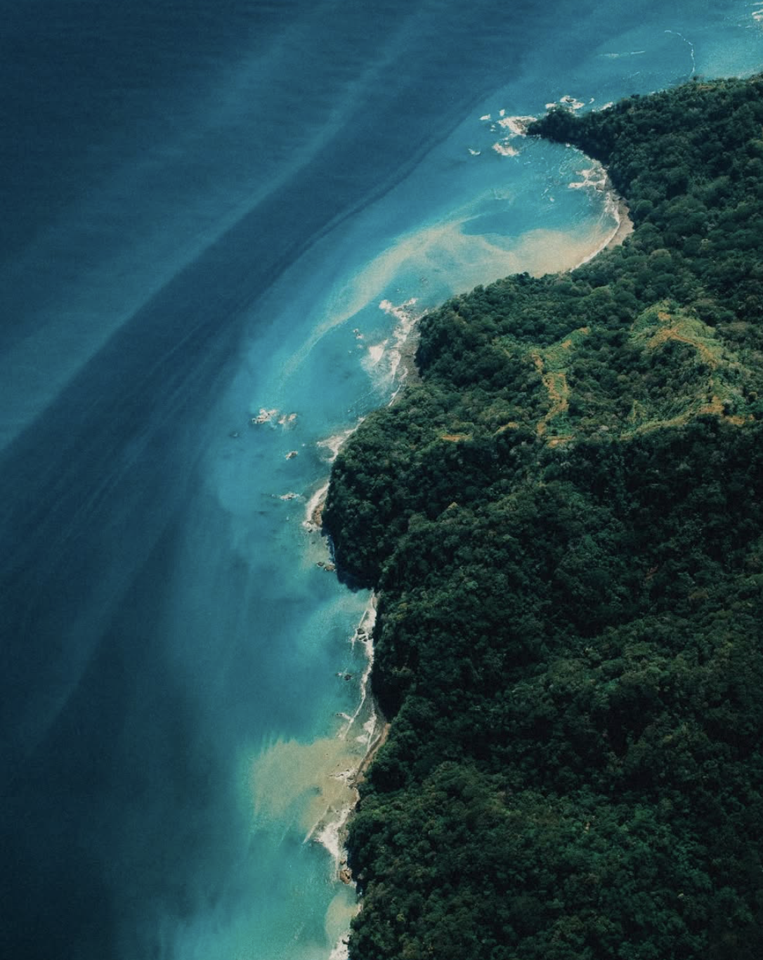 Aerial view of a lush green forested coastline with turquoise and deep blue ocean waters and scattered rocky areas along the shore.