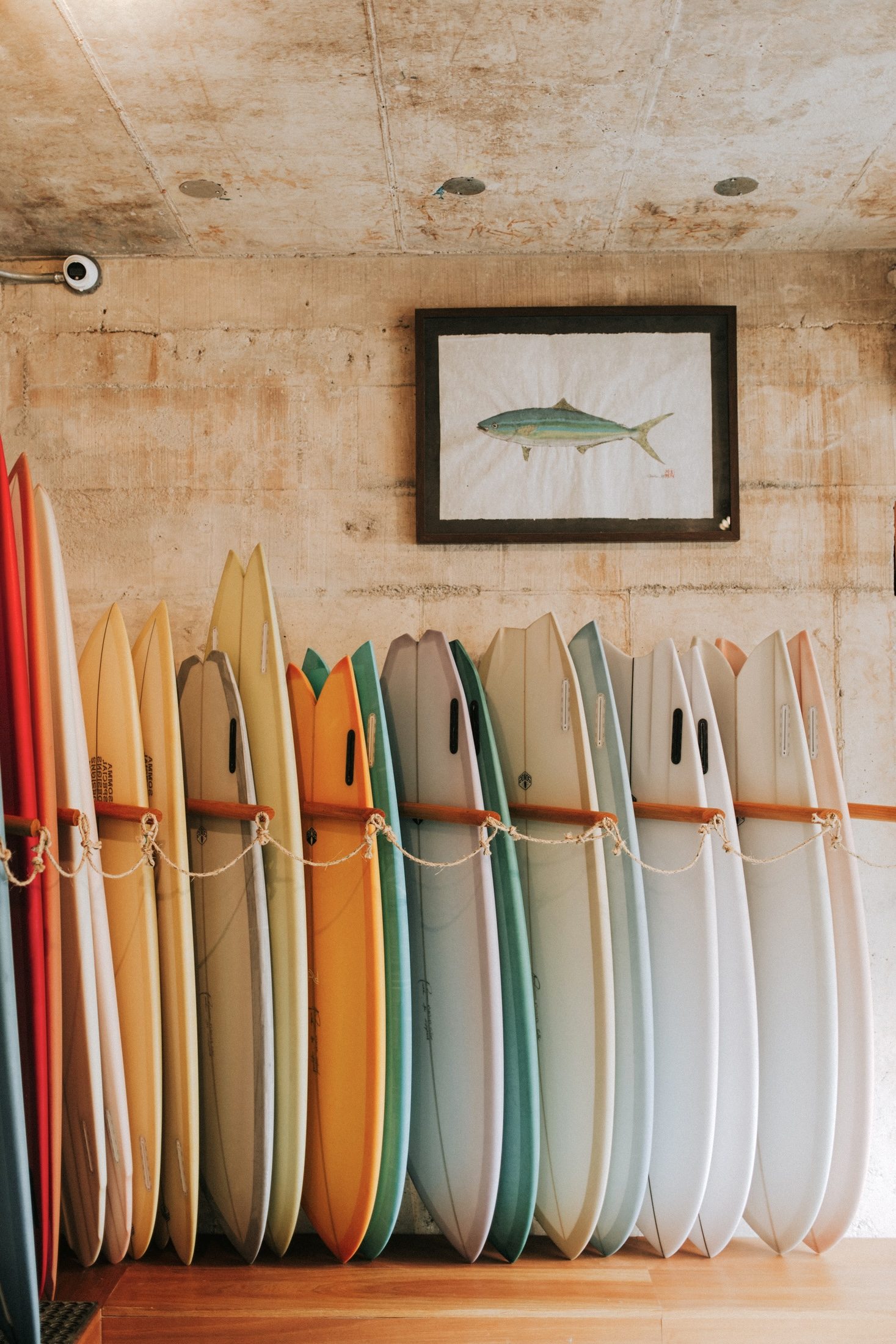 Rack of handmade surfboards beneath a framed fish print