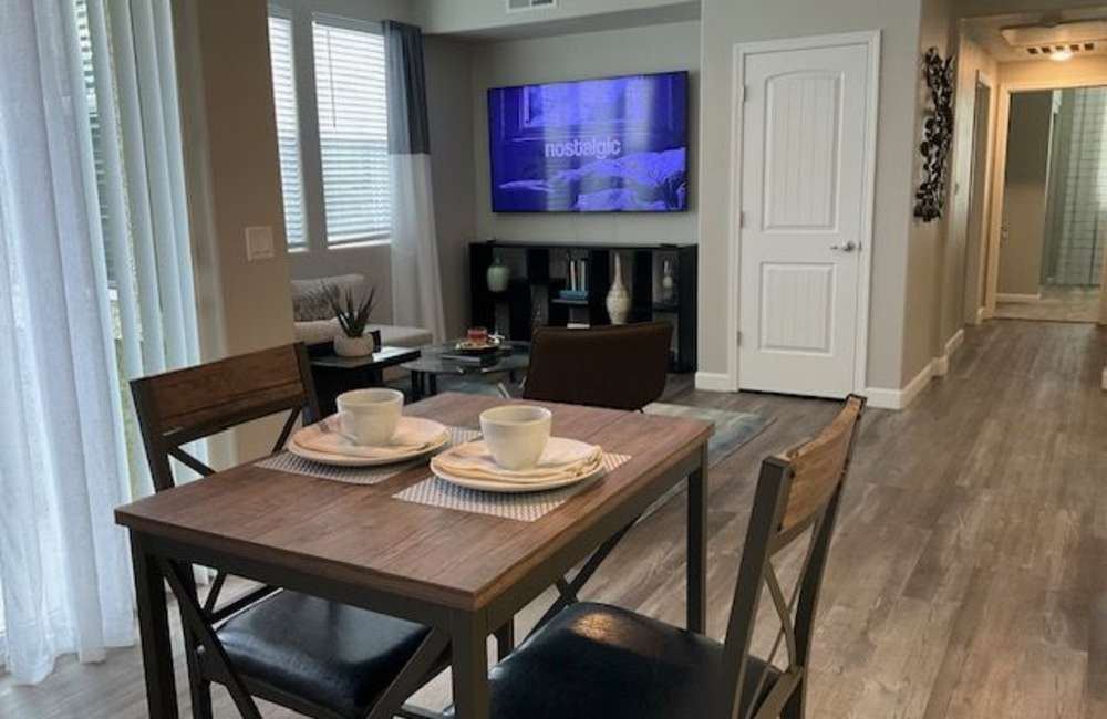 Dining area with living room in back