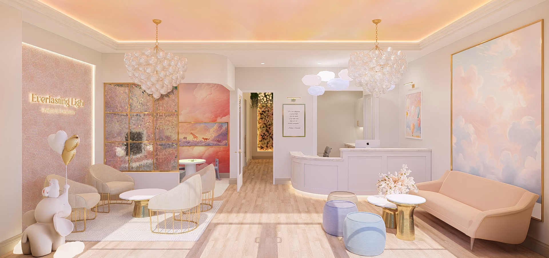 Bright pediatric dentistry waiting room with pastel pink and beige decor, a peach sofa, gold and white chairs, round tables, two ornate chandeliers, wall art featuring clouds and balloons, a children's play area, and a reception desk.