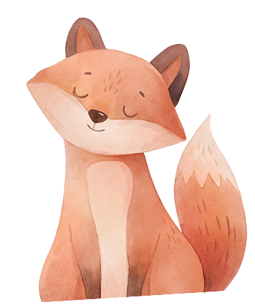 Cute watercolor illustration of a content fox sitting with closed eyes and a bushy tail curled beside it.