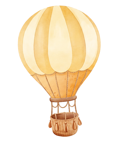 Illustration of a beige and brown striped hot air balloon with a woven basket hanging below.