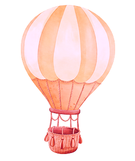 Illustration of a vintage hot air balloon with a beige and light brown striped envelope and a red basket.
