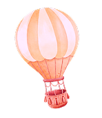 Illustration of a hot air balloon with alternating light pink and beige vertical panels and a woven basket underneath.
