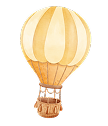 Vintage-style hot air balloon with a yellow and beige striped envelope and a wicker basket.