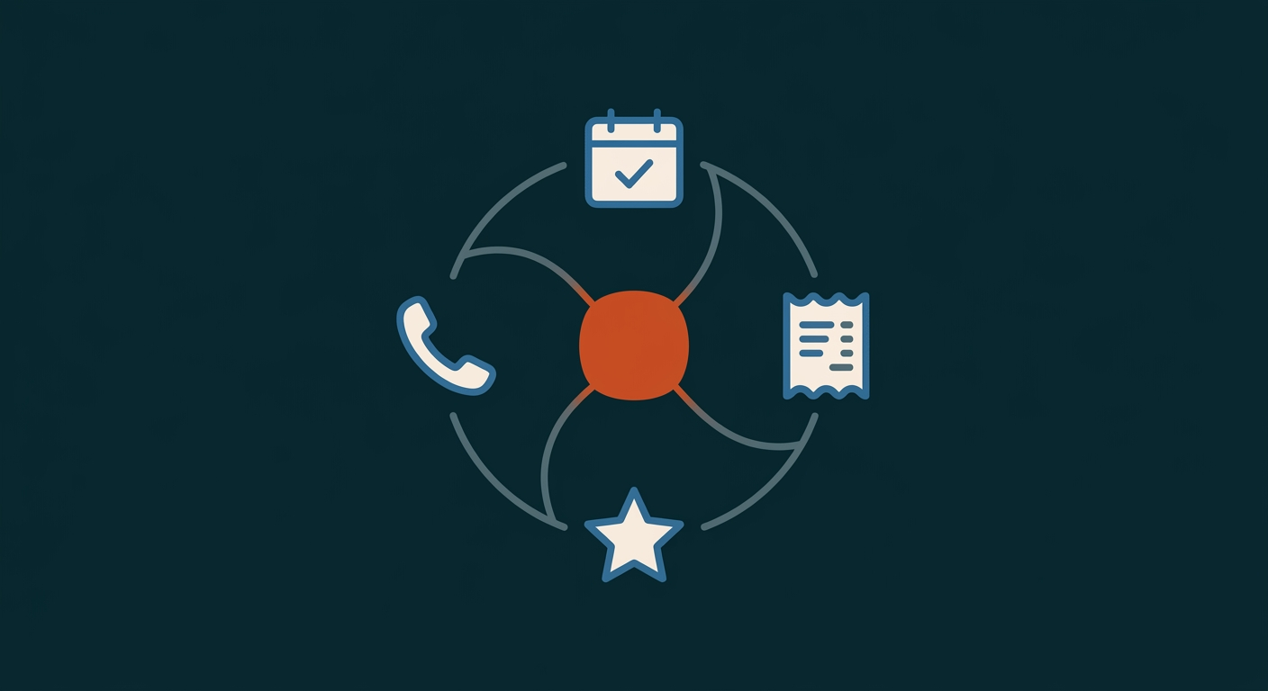 Flat illustration of scattered data icons converging into one glowing orange node on a dark teal background