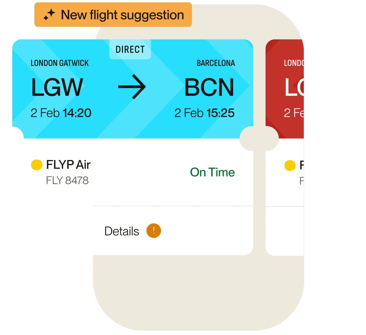 New flight suggestion card offering a direct FLYP Air flight from London Gatwick to Barcelona