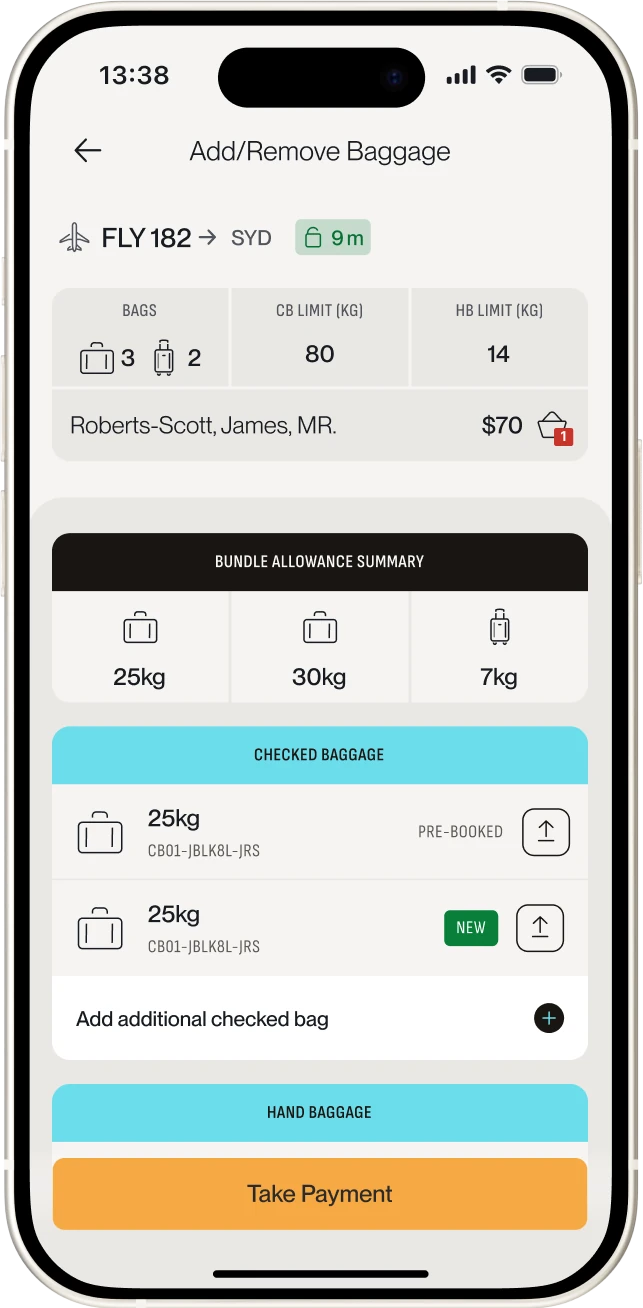FLYP app screen for adding or removing a passenger's baggage