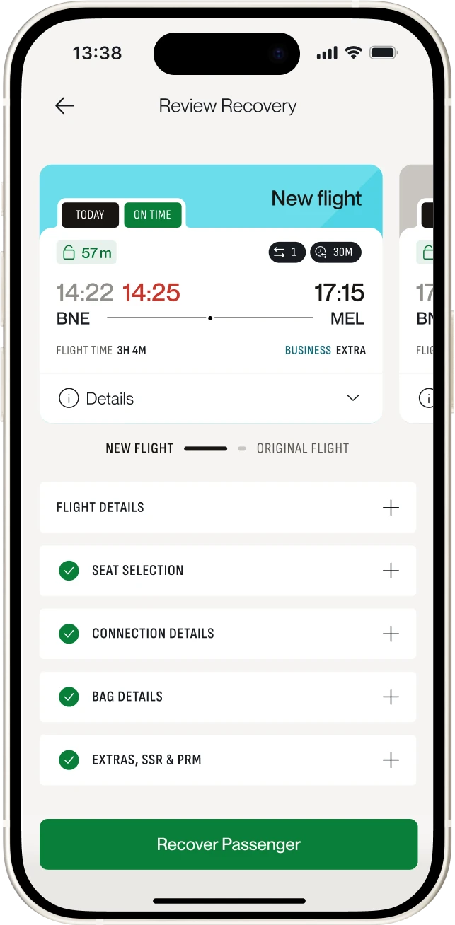 FLYP app review recovery screen showing a rebooked flight and total cost