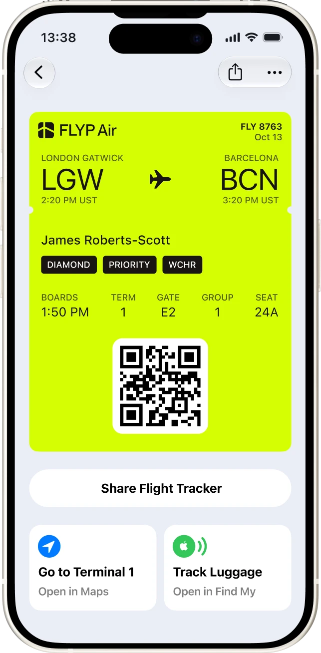 Mobile boarding pass for a FLYP Air flight from London Gatwick to Barcelona