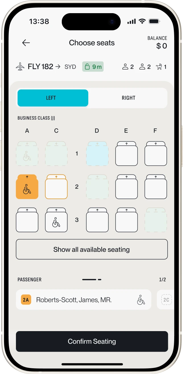 FLYP app seat map for choosing a passenger's seats in business class