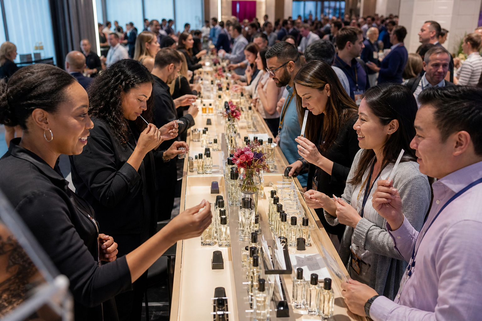 Team hört bei einem Parfum-Workshop der Moderation zu