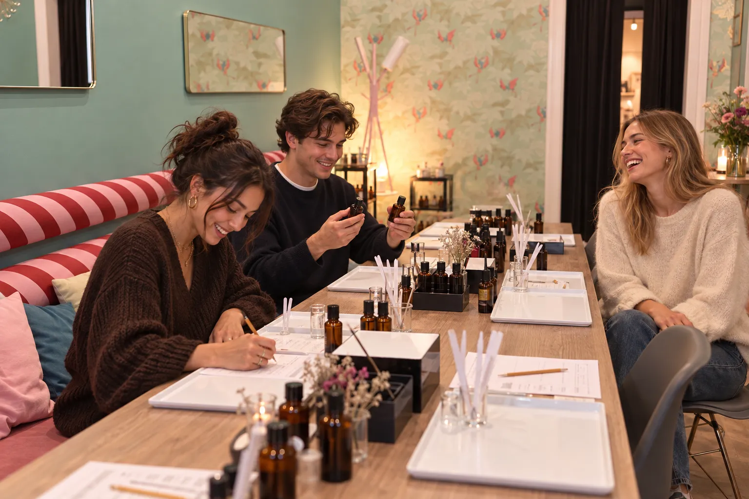 Drei junge Freunde erleben gemeinsam einen Parfum-Workshop