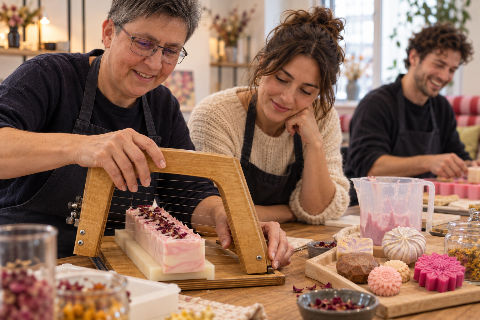 Nahaufnahme beim Schneiden einer handgemachten Seife im Workshop