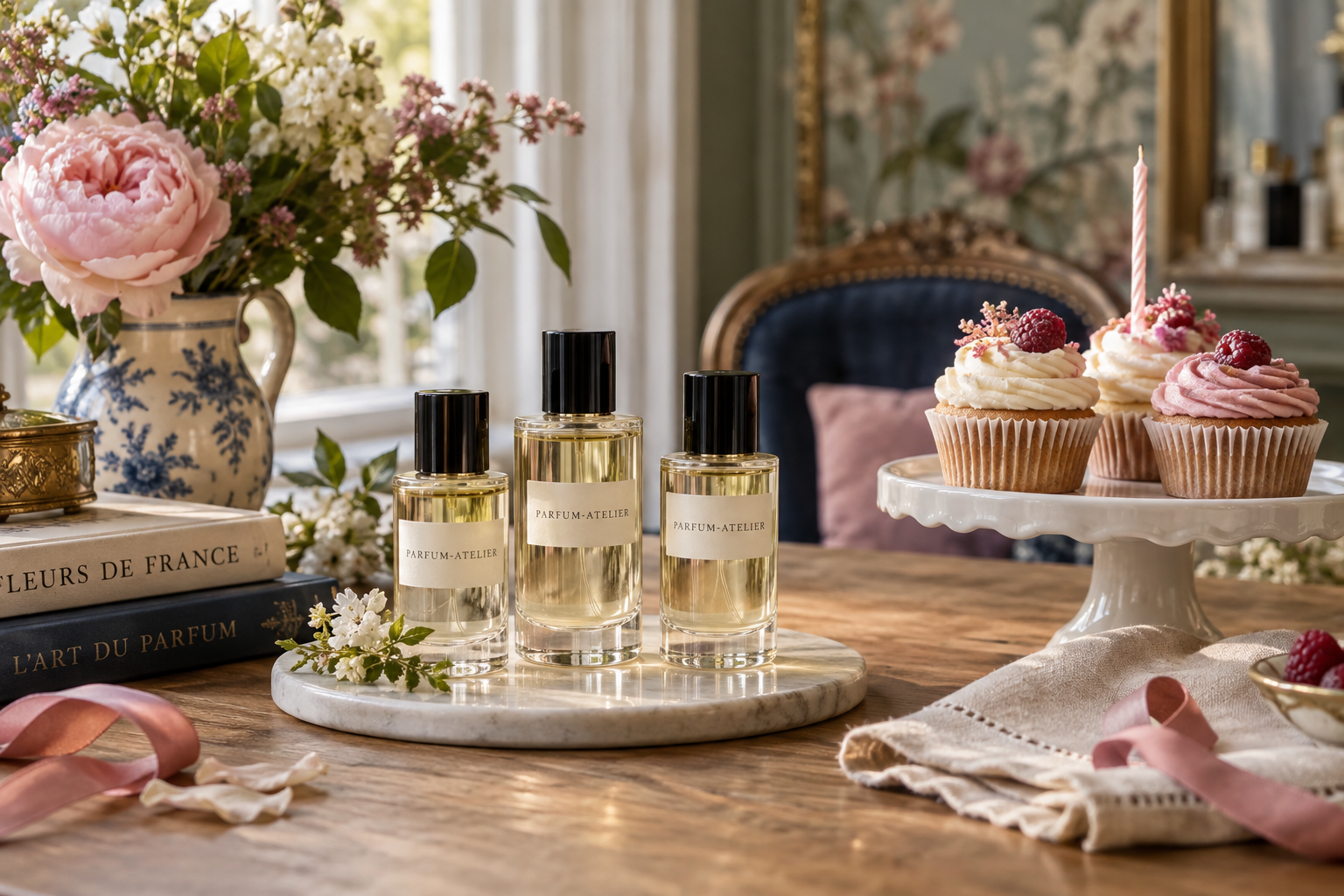 Parfumflakons neben festlich dekorierten Cupcakes auf einem cremefarbenen Geburtstagstisch