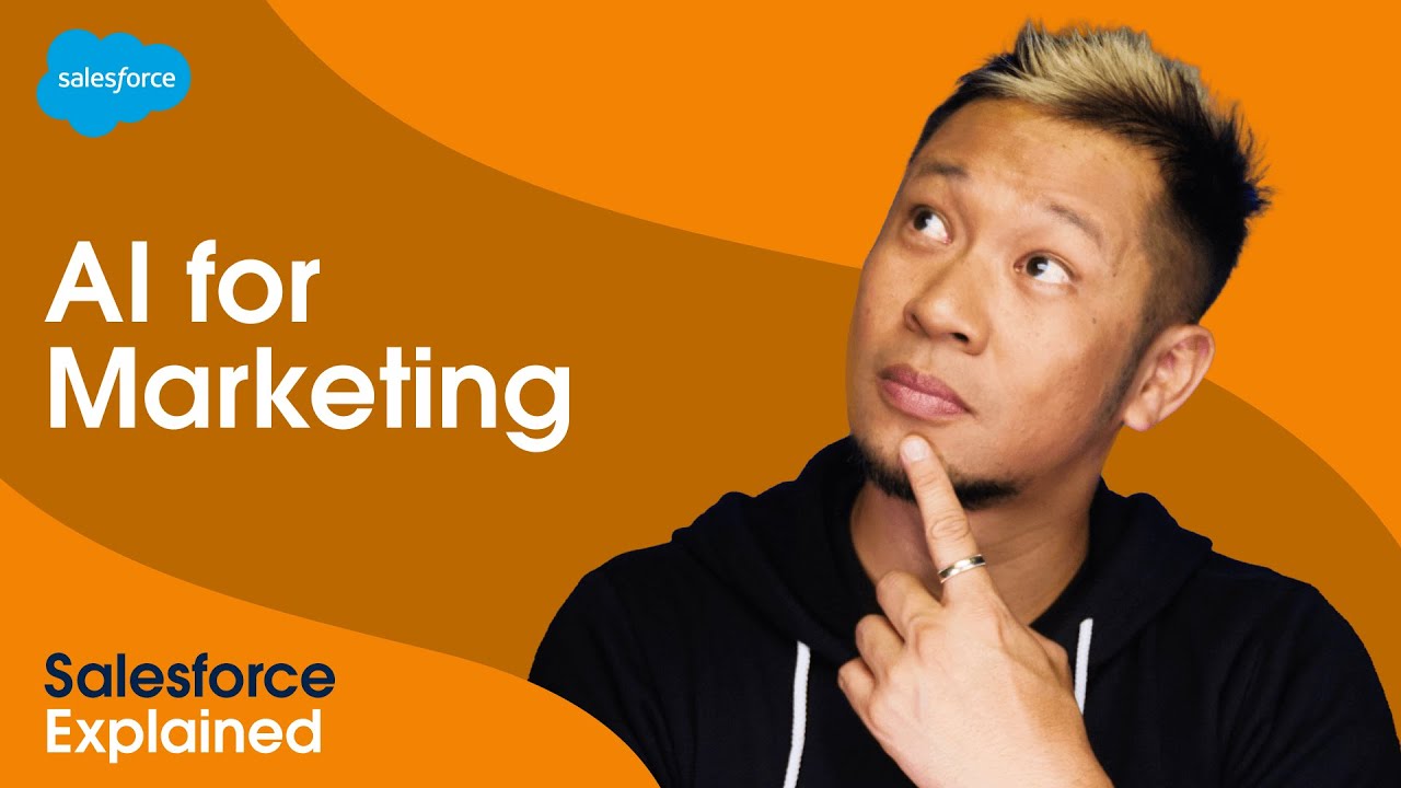 Man with two-tone hair in a black hoodie looking thoughtfully upward with finger on chin, next to text reading 'AI for Marketing' and 'Salesforce Explained' on an orange and brown waved background with the Salesforce logo.