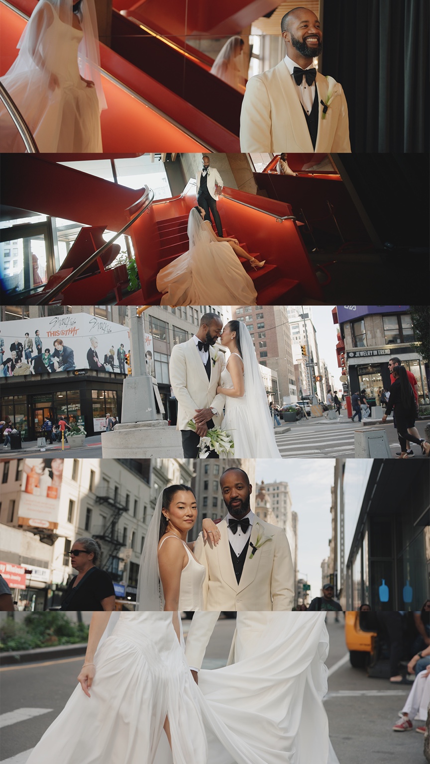 Wedding portraits on red stairs and city streets