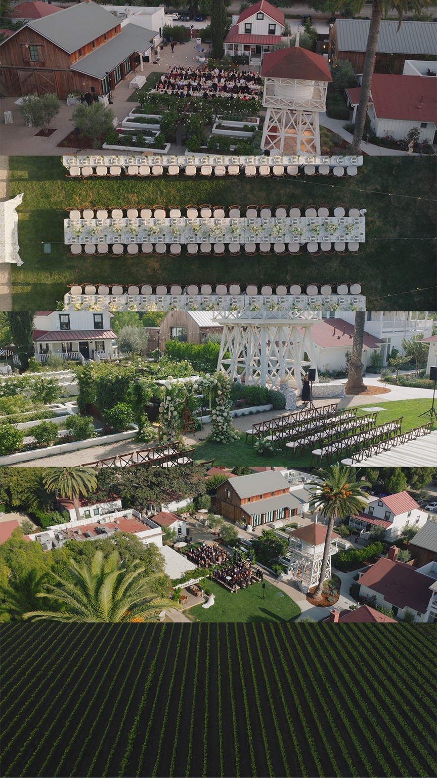 Aerial film stills of a vineyard wedding venue