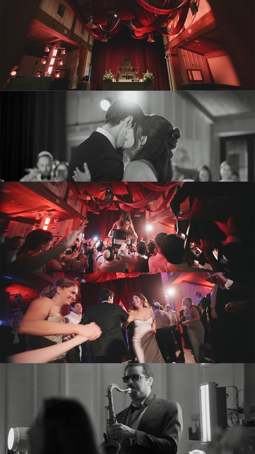 Wedding dancing and live music beneath red drapery