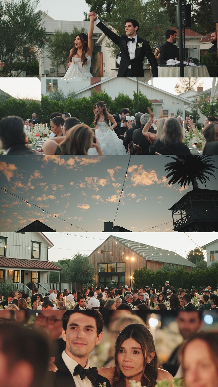 Outdoor wedding dinner and speeches at sunset