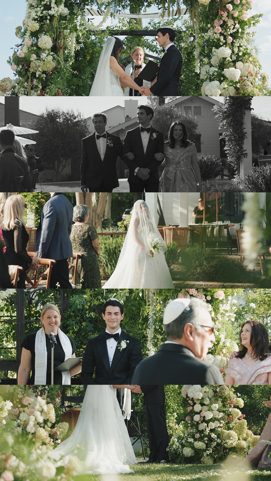 Wedding ceremony and processional beneath a floral arch