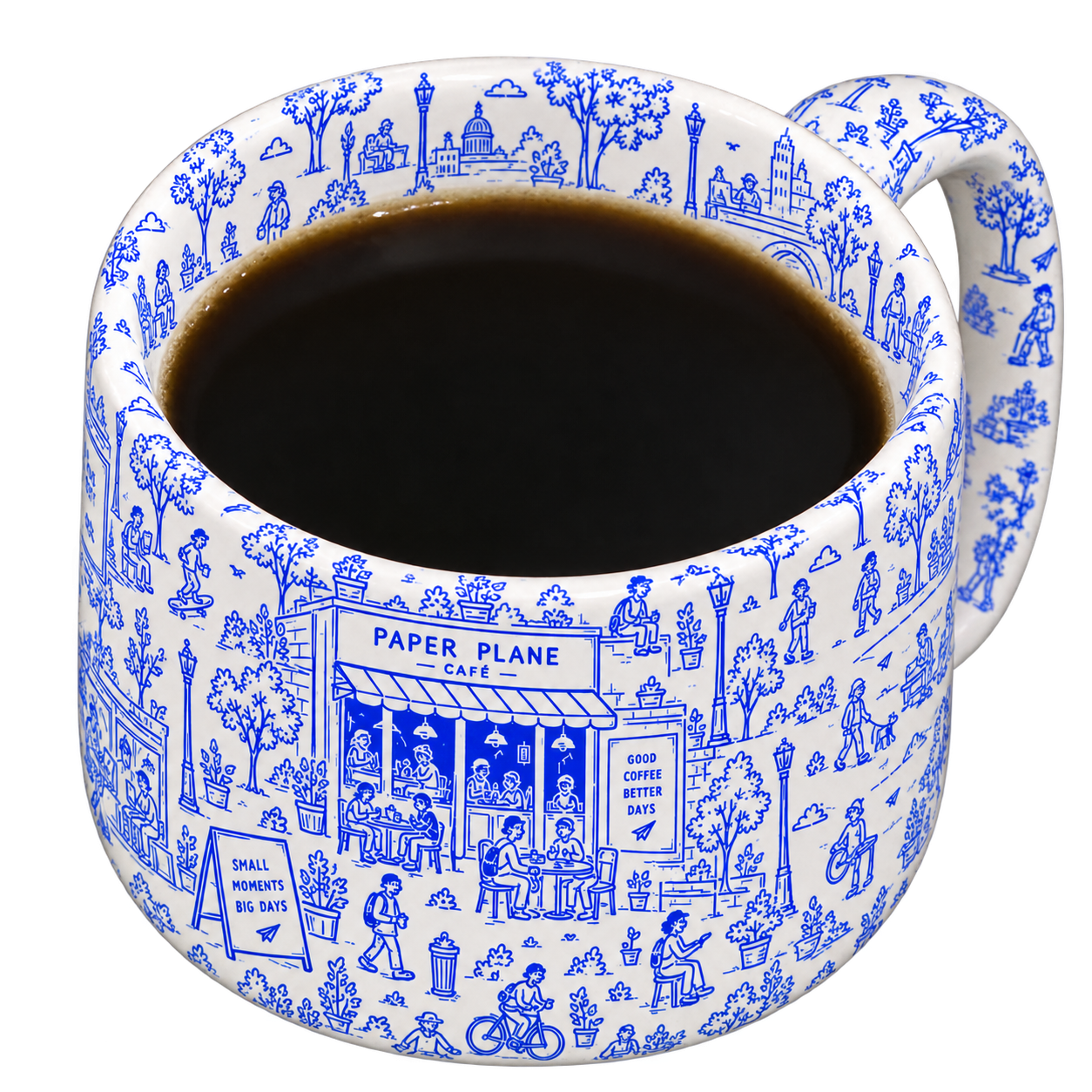 Paper Plane illustrated café mug filled with coffee