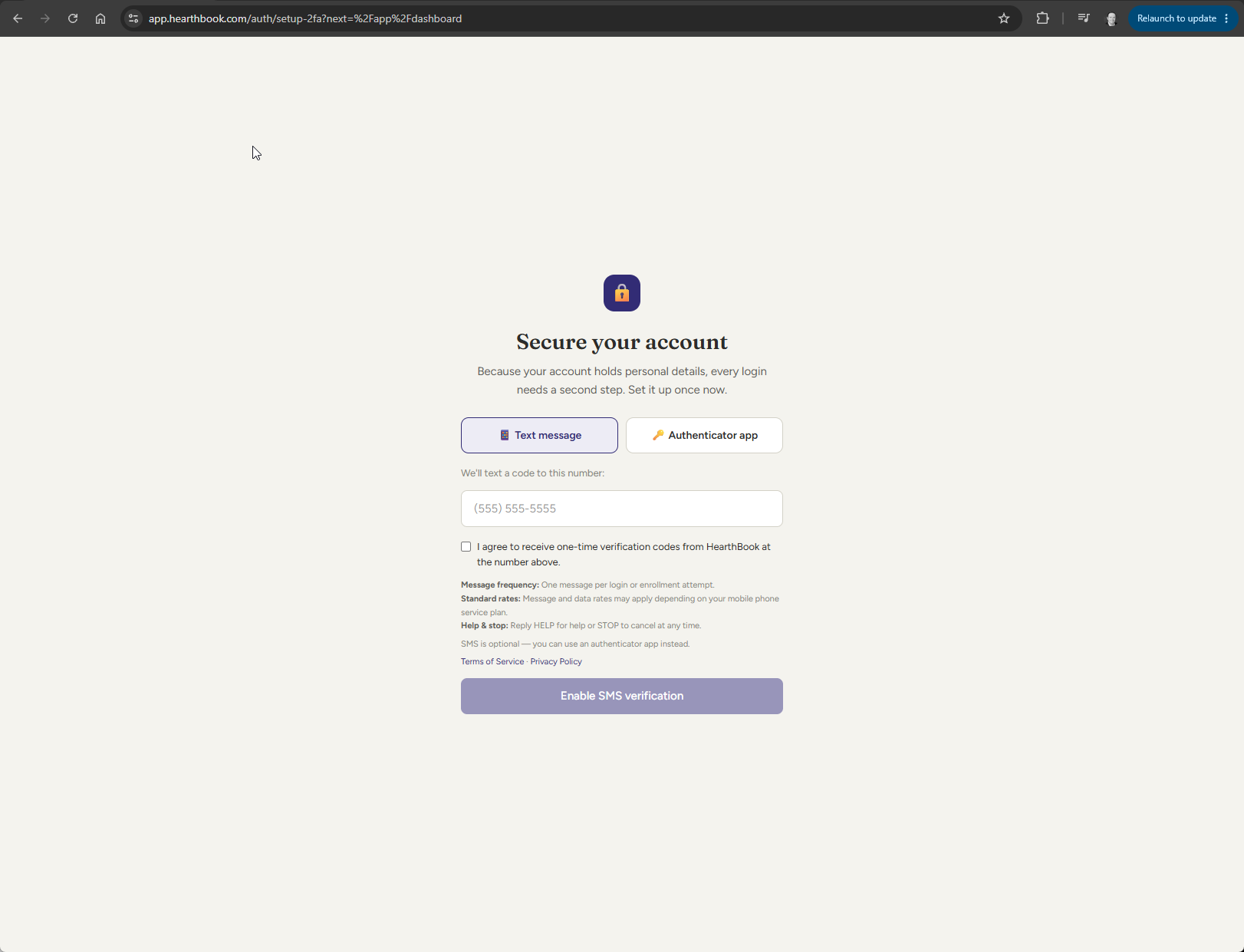 Website screen prompting to secure account with two-factor authentication, offering options to receive a verification code via text message or authenticator app, with fields to enter phone number, agree to terms, and enable SMS verification.
