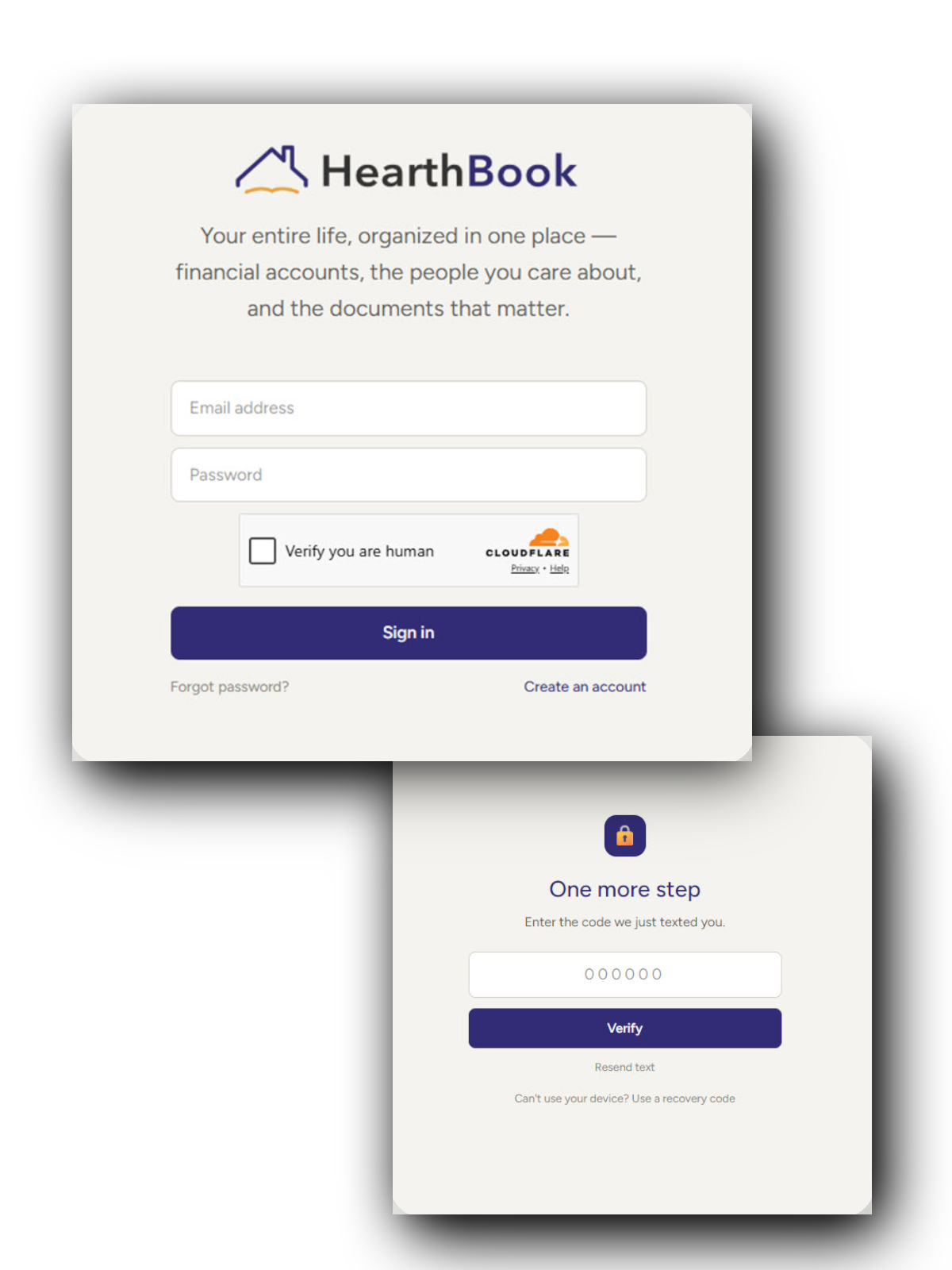 Two HearthBook login interface screens: The first screen shows the HearthBook logo with a tagline about organizing life, fields for email and password, a checkbox for human verification, and buttons for sign in, forgot password, and create an account. The second screen prompts user to enter a verification code sent by text with a field for code entry, a verify button, and options to resend text or use a recovery code.