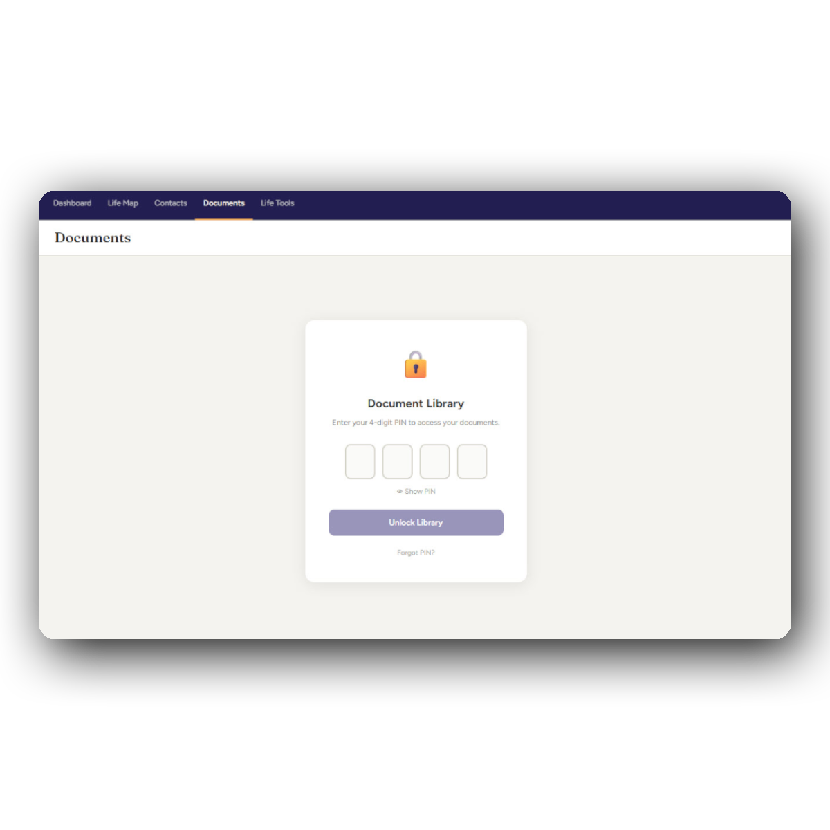 Login screen for Document Library with prompt to enter a 4-digit PIN, a lock icon above, and a purple 'Unlock Library' button below input boxes, plus a 'Forgot PIN?' link.