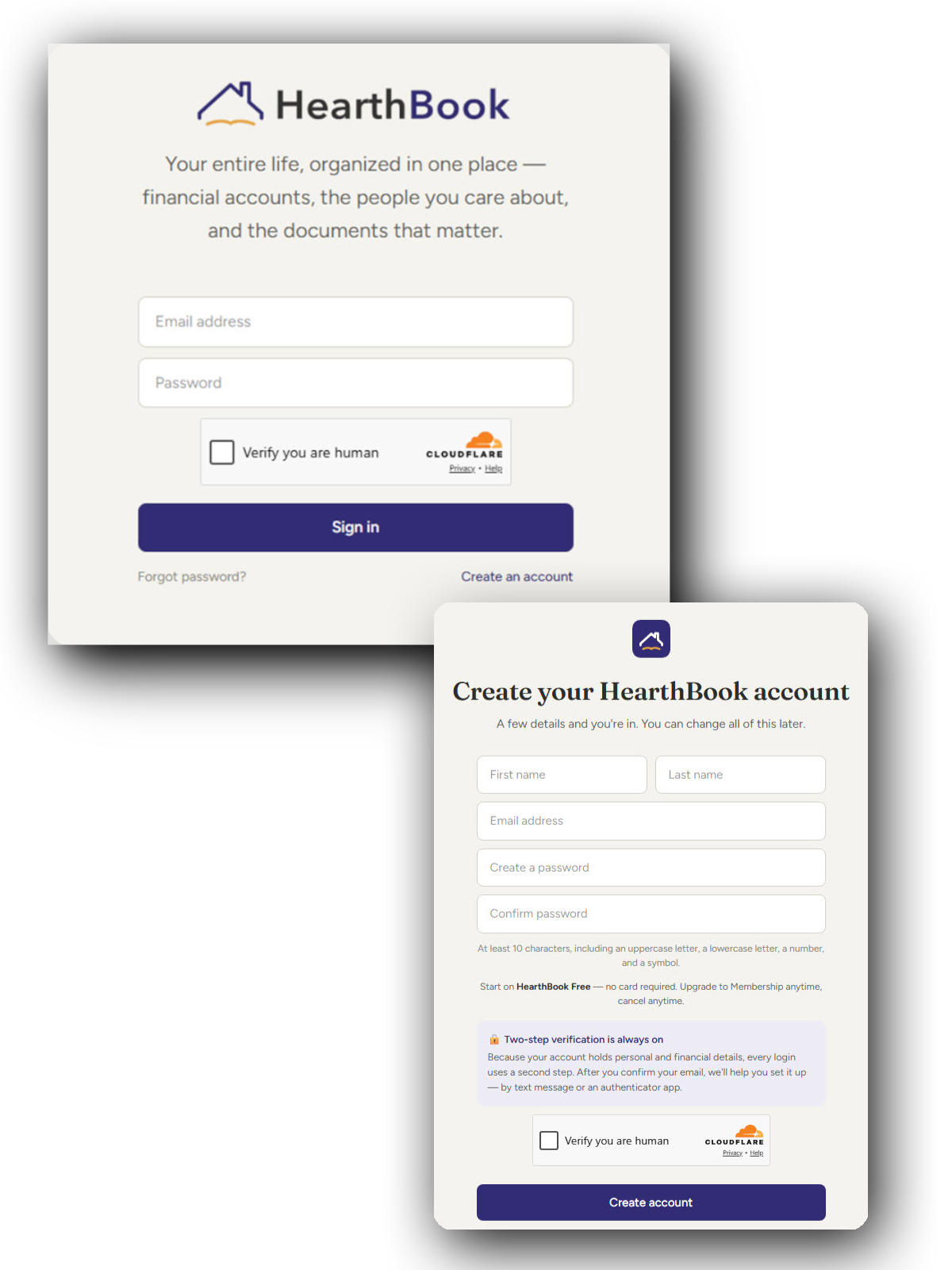 Two HearthBook user interface screens: the top one is a sign-in form with fields for email, password, a checkbox to verify humanity via Cloudflare, and links for forgotten password and account creation; the bottom one is an account creation form asking for first and last name, email, password with confirmation, notes a 10-character password requirement with mixed characters, highlights always-on two-step verification, and has a similar human verification checkbox before the create account button.