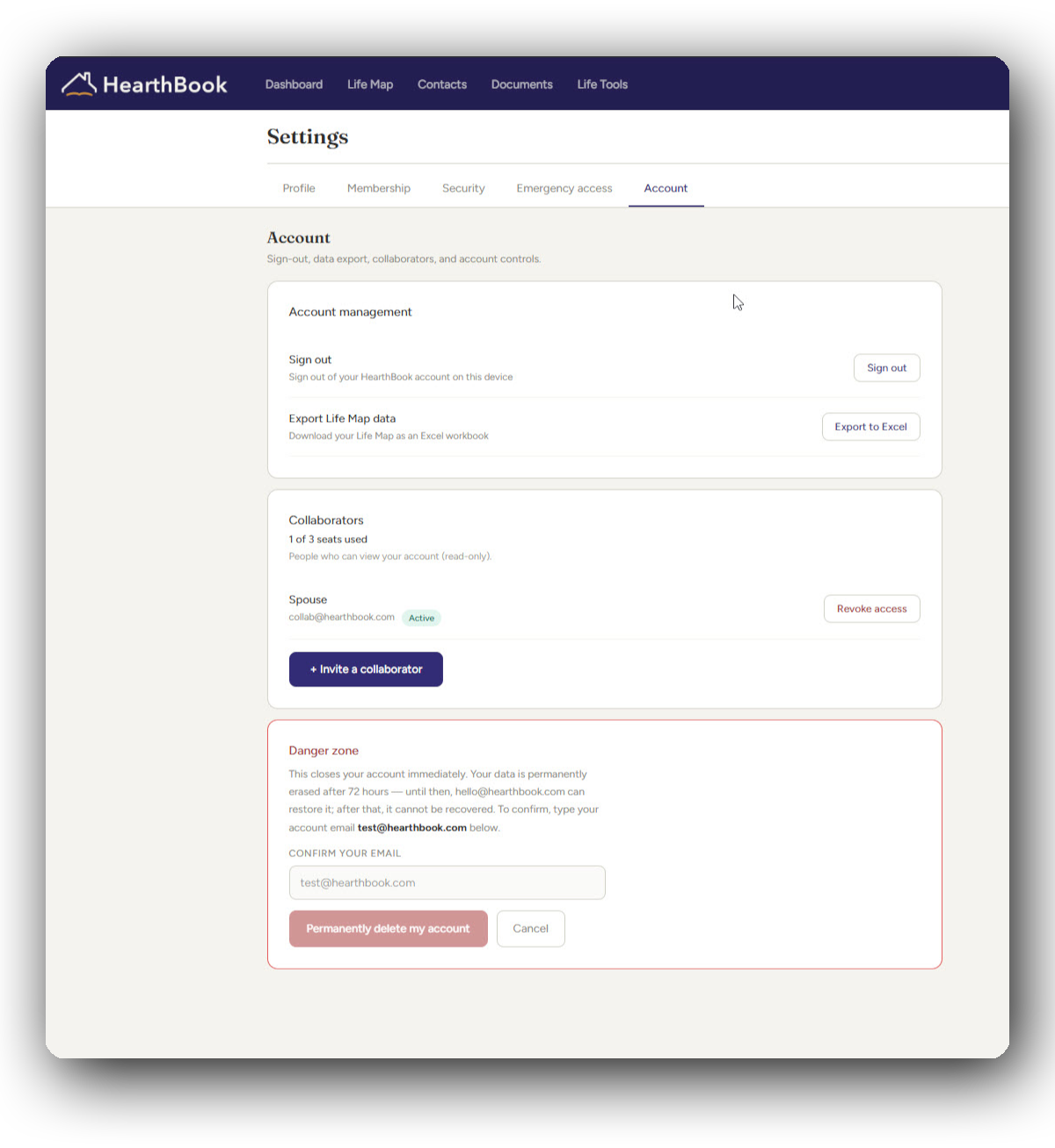 HearthBook account settings page showing Account tab with sections for Account management including Sign out and Export Life Map data buttons, Collaborators section listing one active collaborator with email collab@hearthbook.com and options to invite or revoke access, and a Danger zone area with instructions and input to confirm email test@hearthbook.com to permanently delete the account.