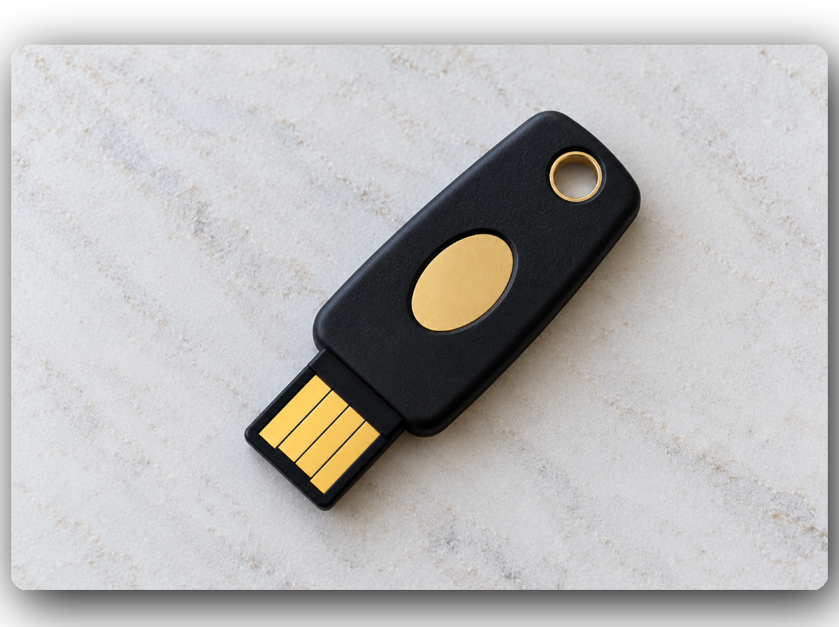 Black USB security key with a gold oval button and a gold ring, lying on a light textured surface.
