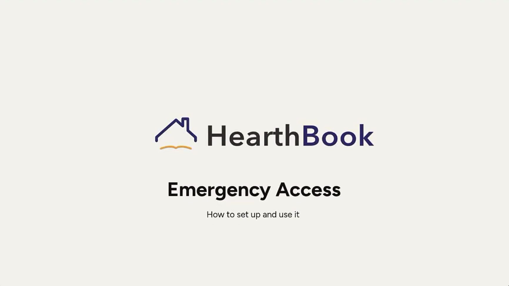 HearthBook logo above the text 'Emergency Access' and 'How to set up and use it' on a light background.