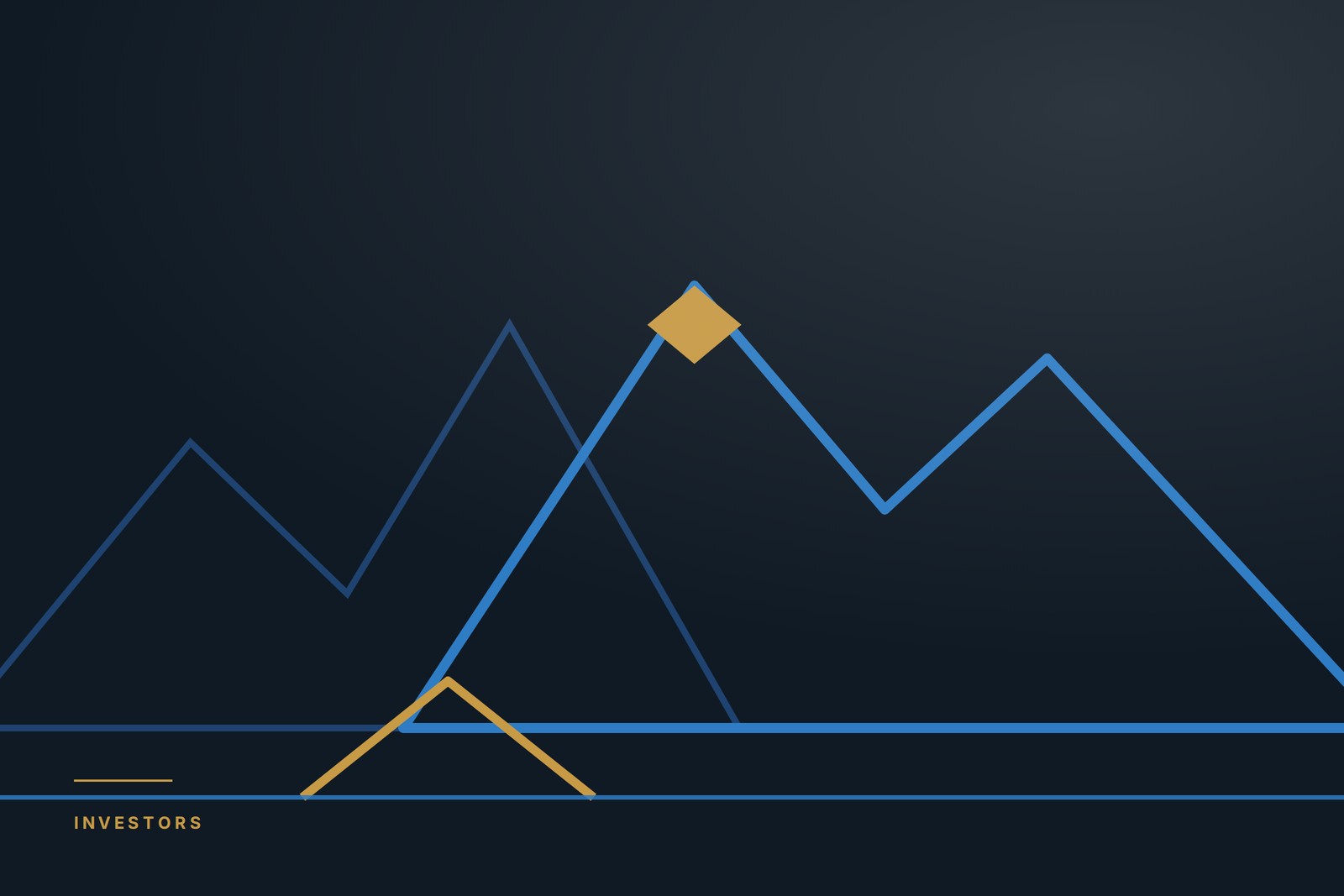 A mountain range outline with a brass peak marker