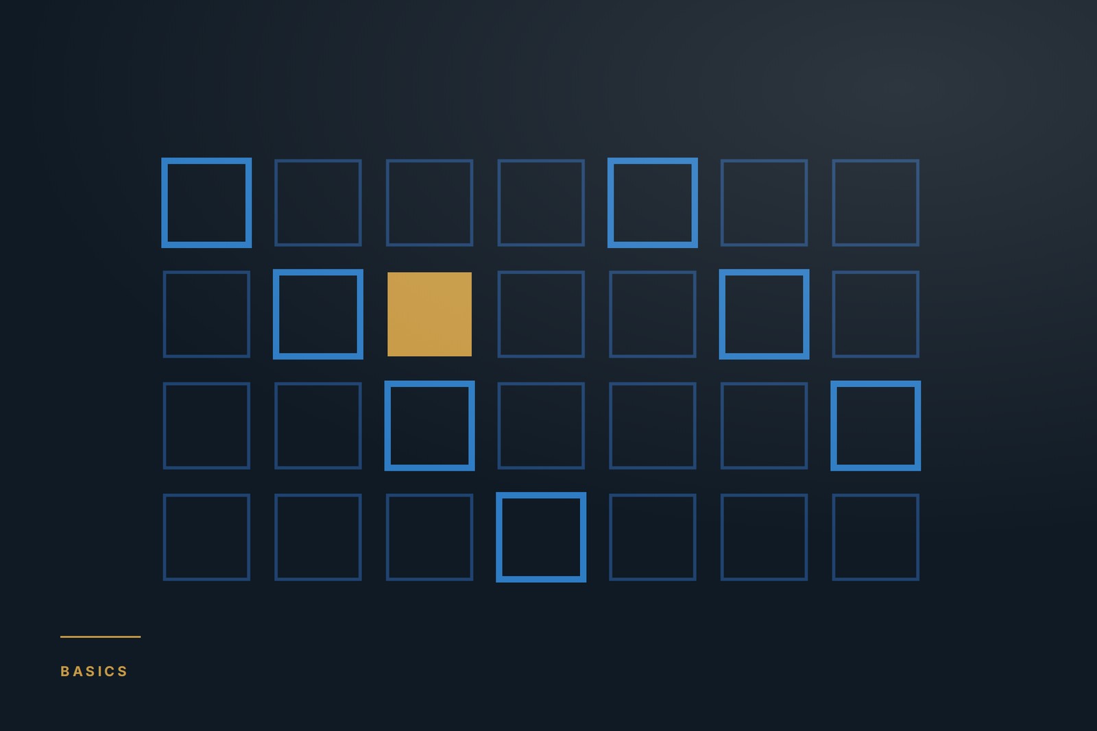 A grid of squares with one filled in brass