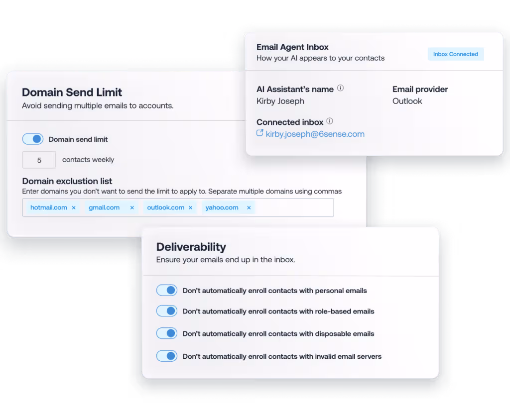 Email management interface showing domain send limits, exclusion list, and deliverability settings, with connected inbox information and email enrollment rules.