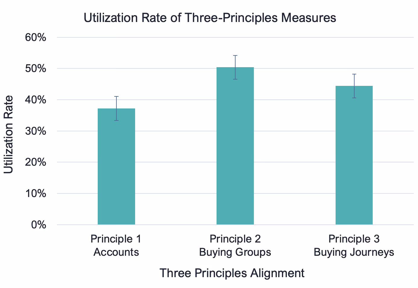 Figure 2: Of the three, the least-adopted measures are those concerning Principle 1, alignment on accounts. Forty-four percent have adopted buying journey-related metrics (Principle 3). We calculated the proportion of Principle-aligned metrics tracked relative to what is possible