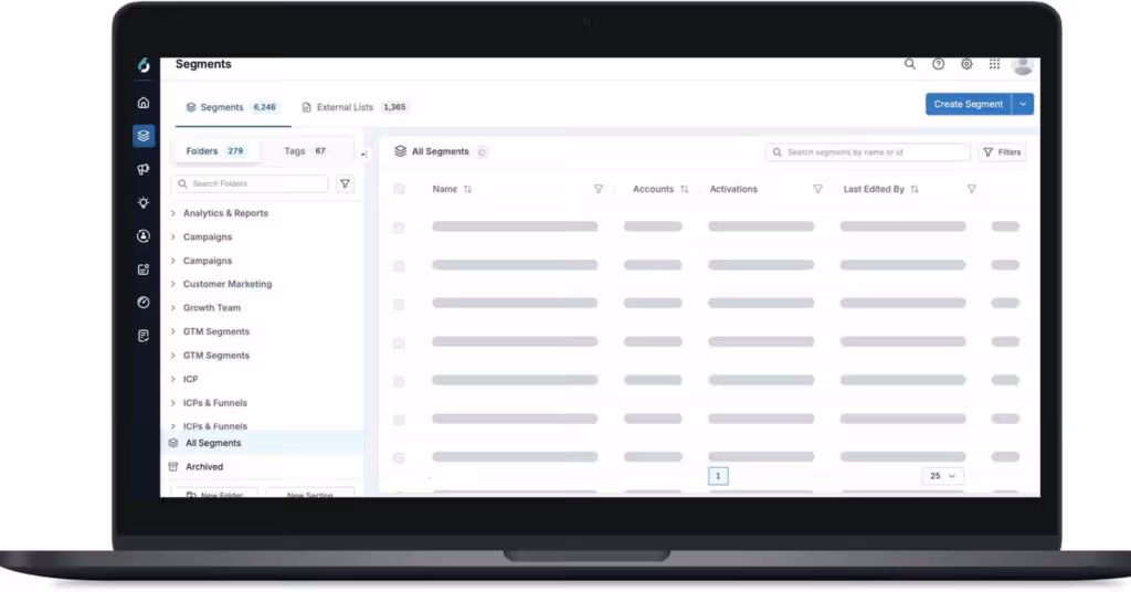 The 6sense segments dashboard shows filters you can use to define audience segments.