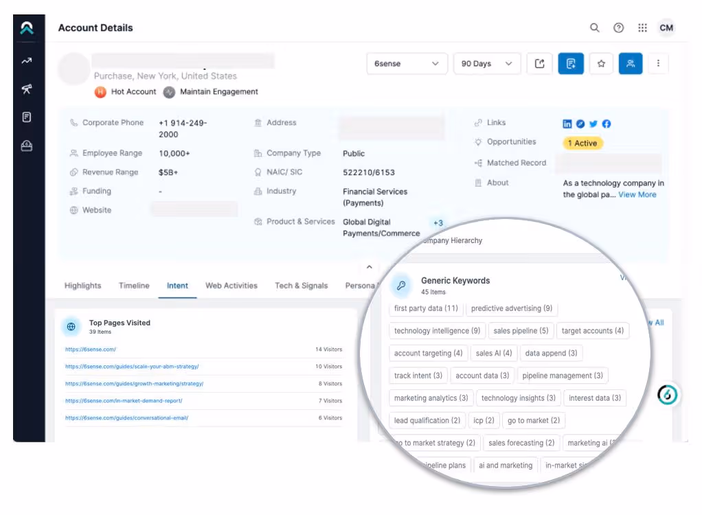 6sense Sales Intelligence allows reps to see top pages visited, keyword activity where “corporate cards for T&E” could be tracked in this play, and much more.