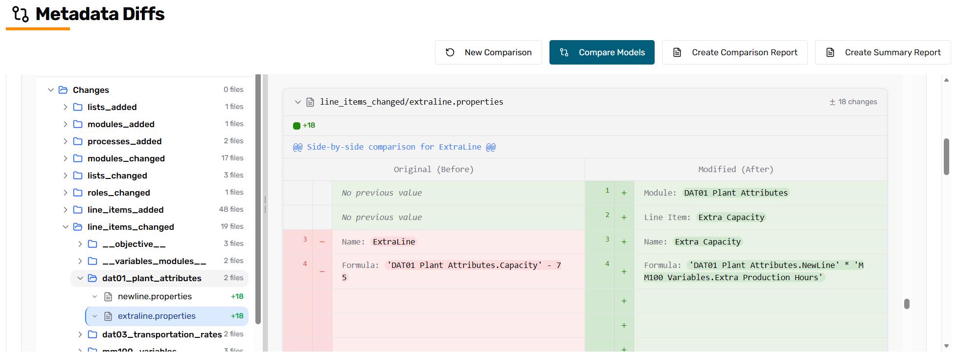 Changes across modules, lists, processes, roles, and line items, with each difference readable at the property level.