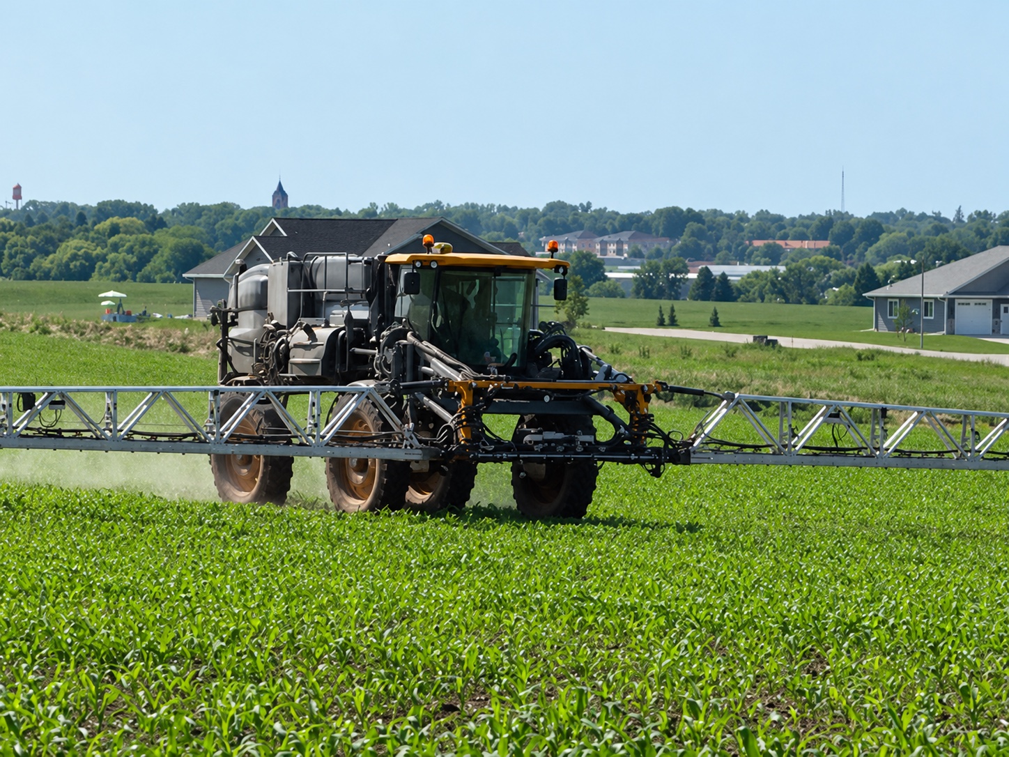 A Hagie sprayer with the Greeneye boom spraying a field