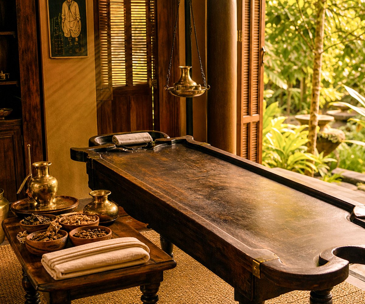 Ayurvedic treatment room with a wooden oil-treatment table, brass vessels and dried herbs
