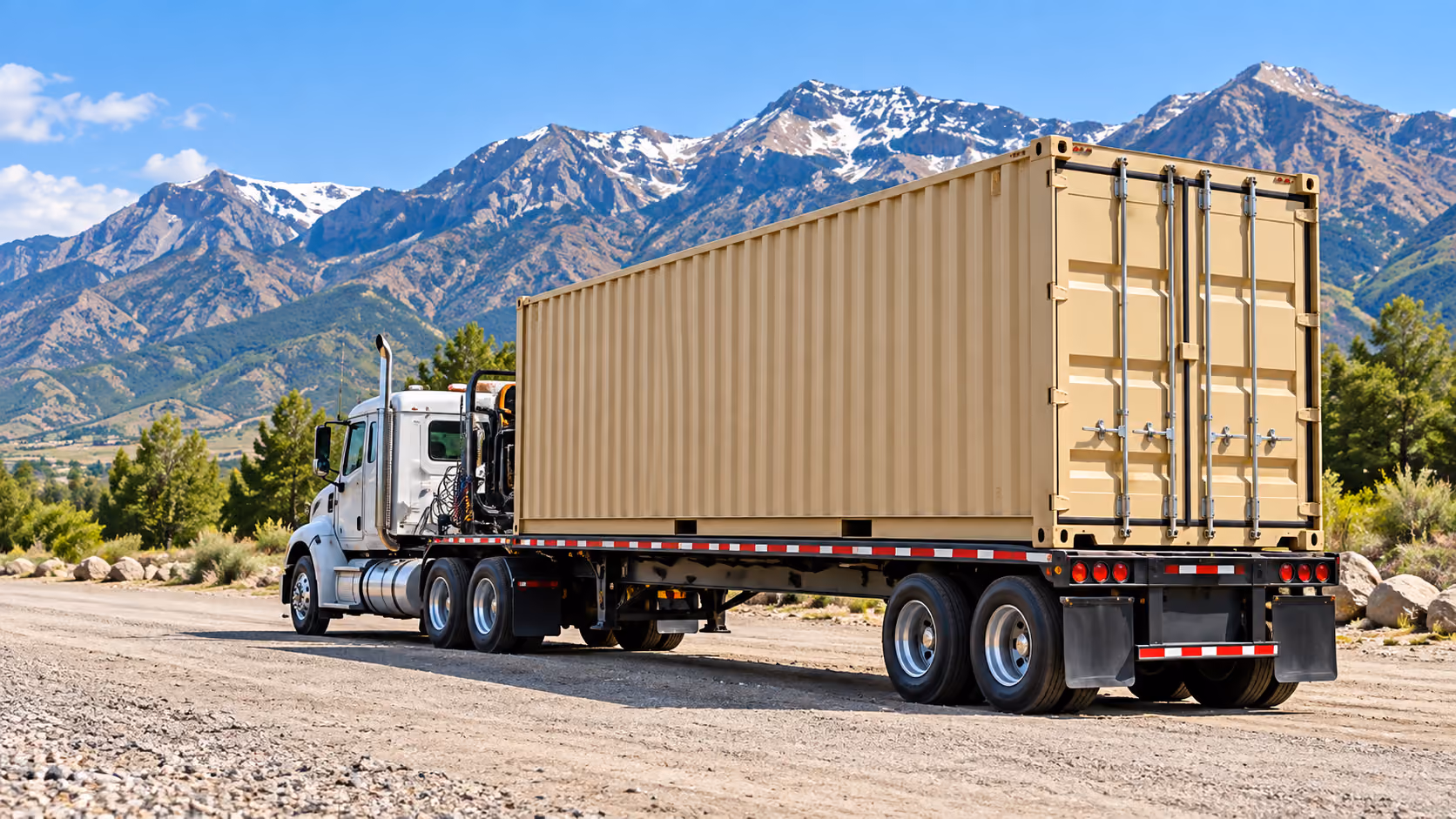 Shipping container delivery truck transporting a 40-foot container in Utah