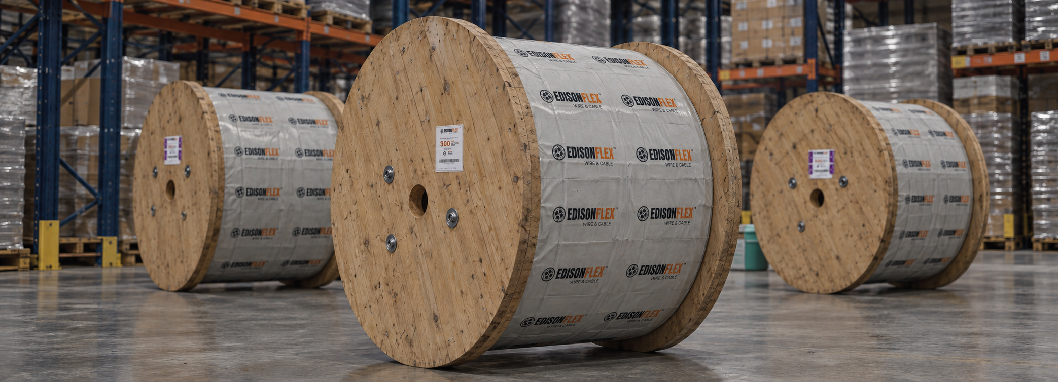 Illustration of EdisonFlex cable reels with compact project deployment labels