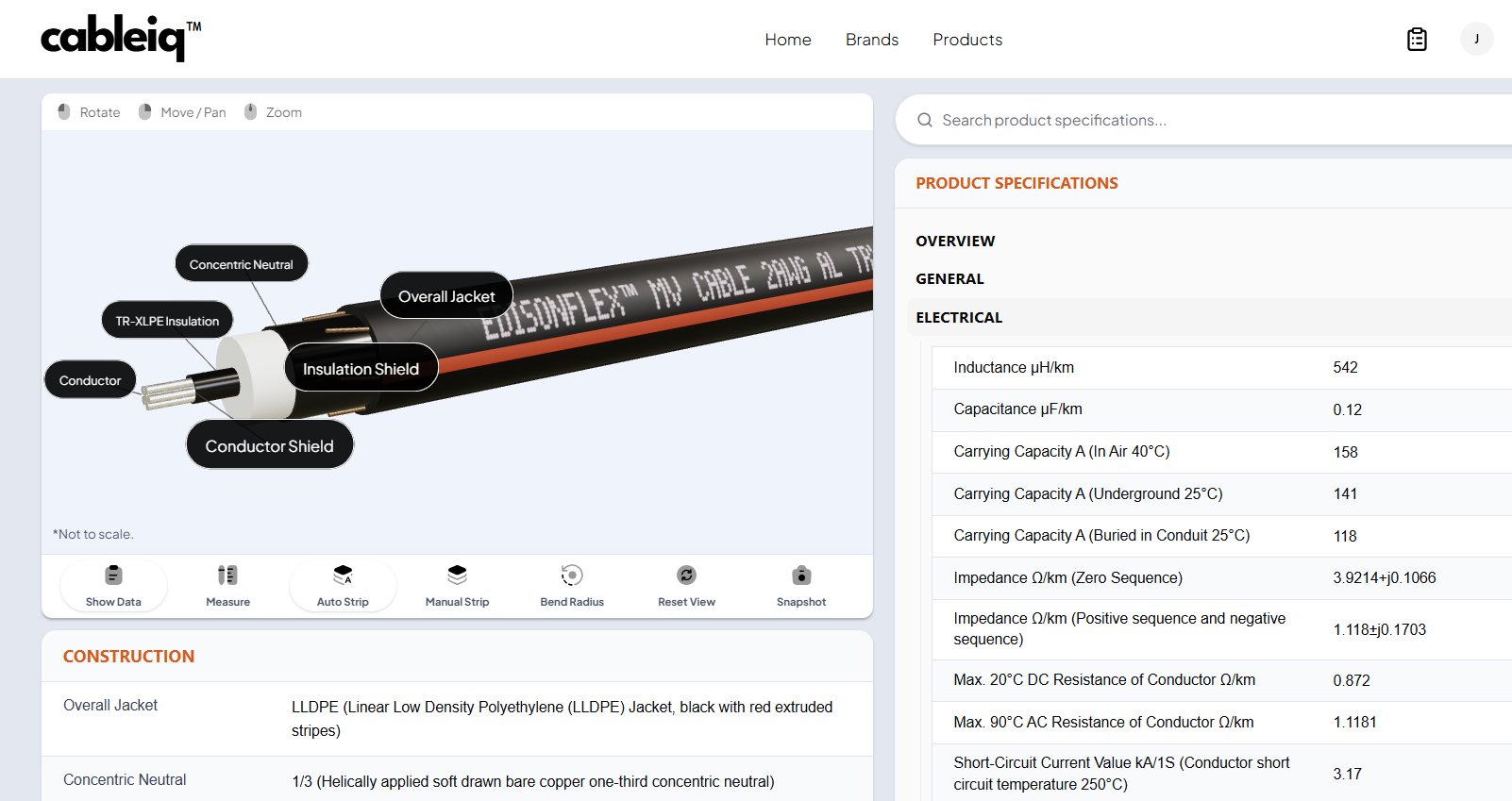 CableIQ digital specification interface showing cable construction and technical information