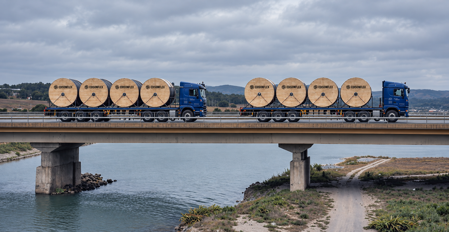 EdisonFlex cable reels transported across a bridge on flatbed trucks