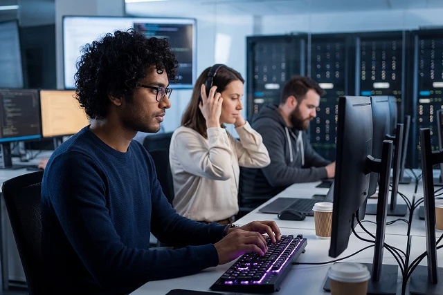 Three analysts working at monitors in an operations centre, server racks behind them.
