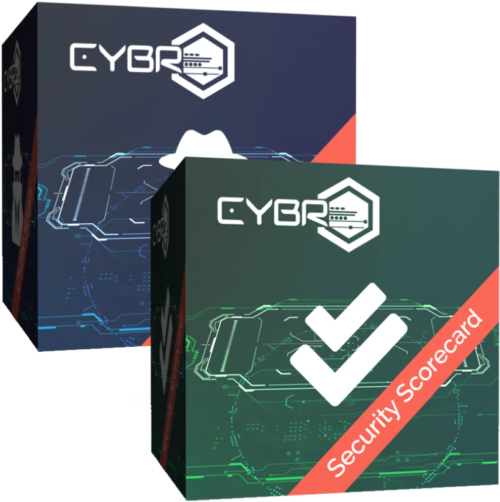 Two CYBR software boxes: a blue edition and a green Security Scorecard edition.